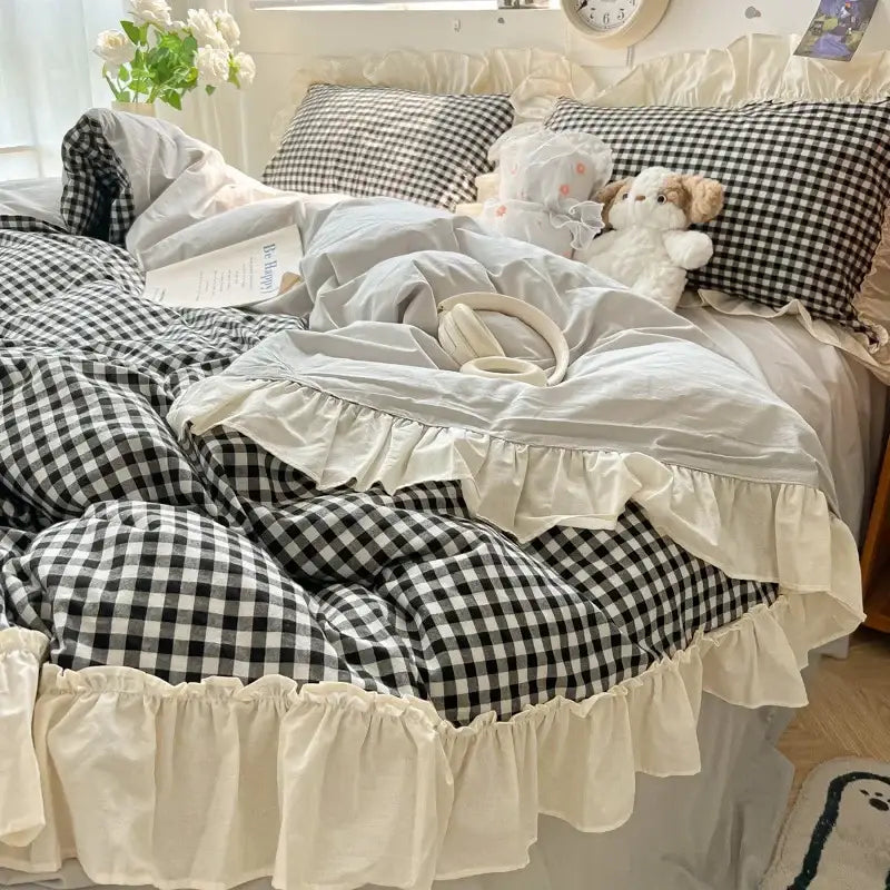 Black and white checkered bedding set with cream ruffled edges from decorbites korean grid lace collection for bedroom use