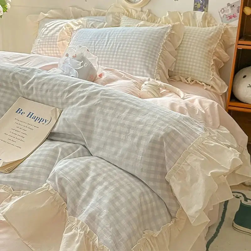 Pastel blue and white gingham bedding set with cream ruffled trim decorbites korean grid lace duvet cover