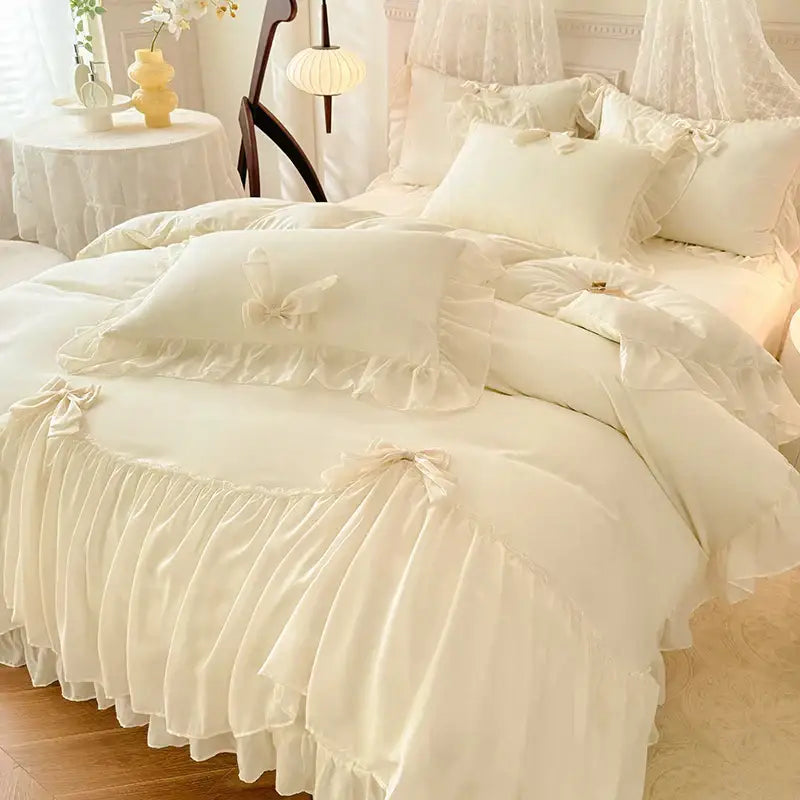 Cream-colored korean lace bow bedding set with ruffles lace trim and satin-like fabric for decorbites korean lace decor