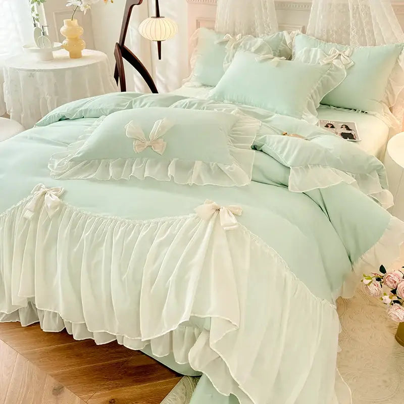 Mint green bedding set with delicate white lace and satin bows from decorbites korean lace bow collection for bedroom decor