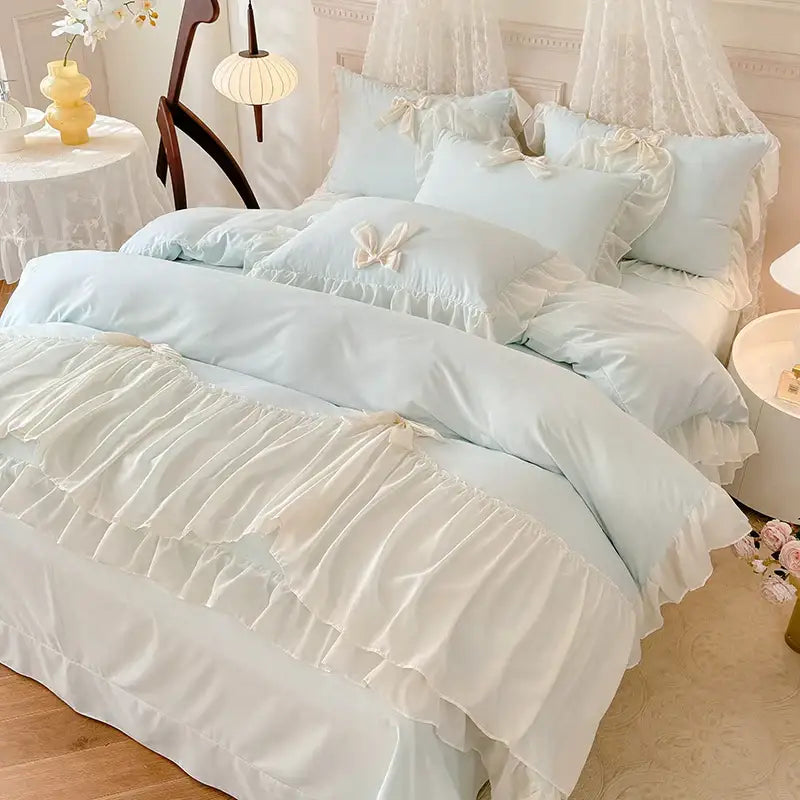 Pastel blue bedding set with cream lace trim and bows featuring decorbites korean lace bow design for elegant bedroom decor