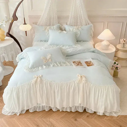 Pastel blue and cream ruffled korean lace bow bedding set with delicate lace trim for elegant bedroom decorbites korean lace decor