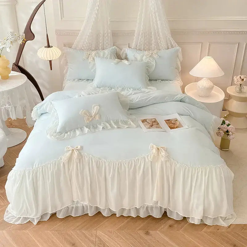 Pastel blue and cream ruffled korean lace bow bedding set with delicate lace trim for elegant bedroom decorbites korean lace decor
