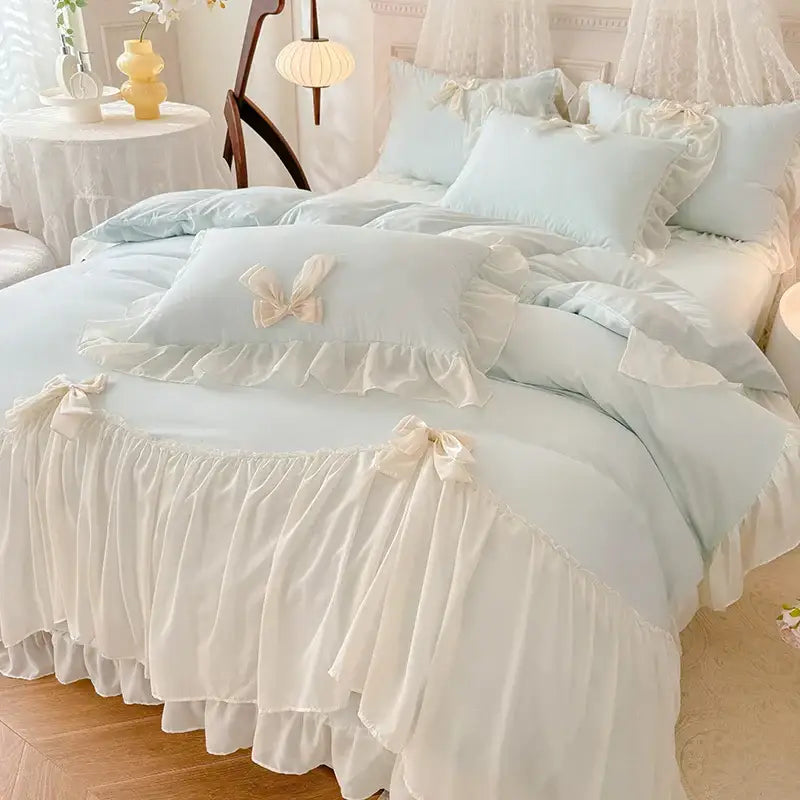 Pastel blue and cream korean lace bow bedding set with ruffles and delicate lace trim for elegant decorbites korean lace decor