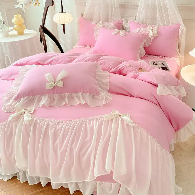 Pink ruffled bedding set with white lace and bow accents in decorbites korean lace bow bedroom decor