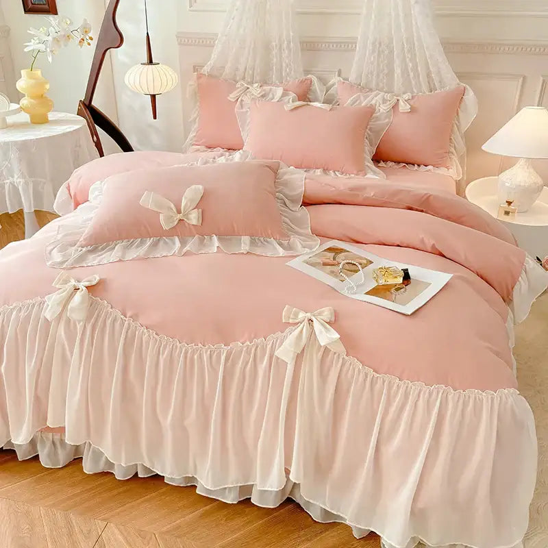 Pink ruffled bedding set with cream bows and lace trim for decorbites korean lace bow bedroom decor