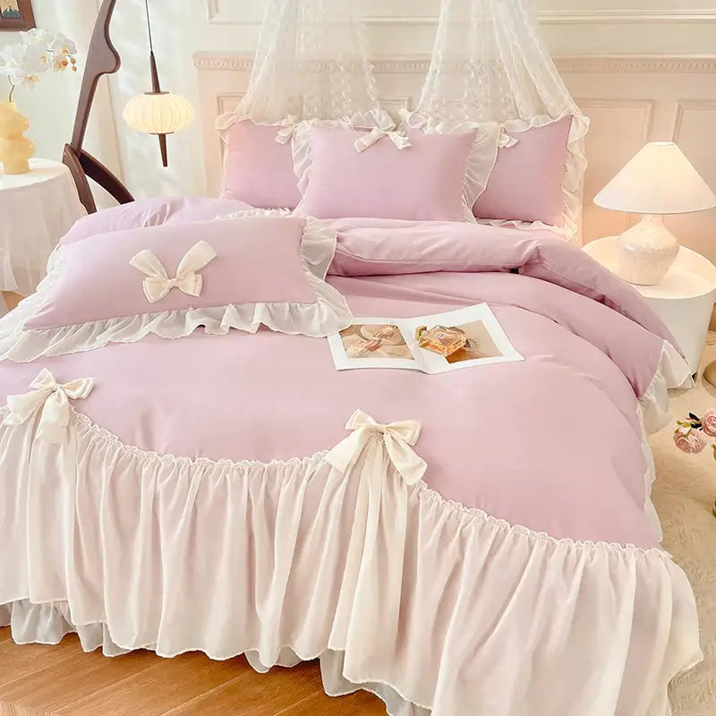 Pink ruffled bedding set with cream korean lace bows and lace trim from decorbites korean lace bow collection