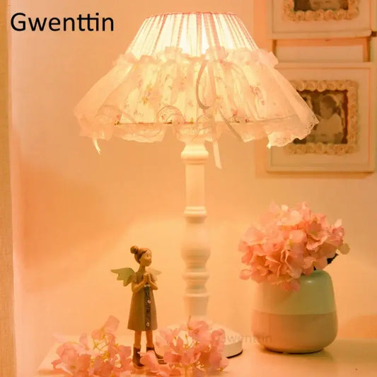 White lace floral princess table lamp with ruffled edges on slender wooden base decorbites korean lace bedroom decor