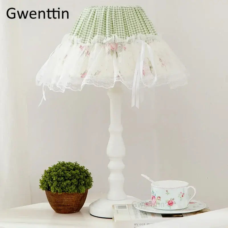 A decorbites korean lace princess white table lamp with a green and white gingham floral embroidered shade and lace ruffle