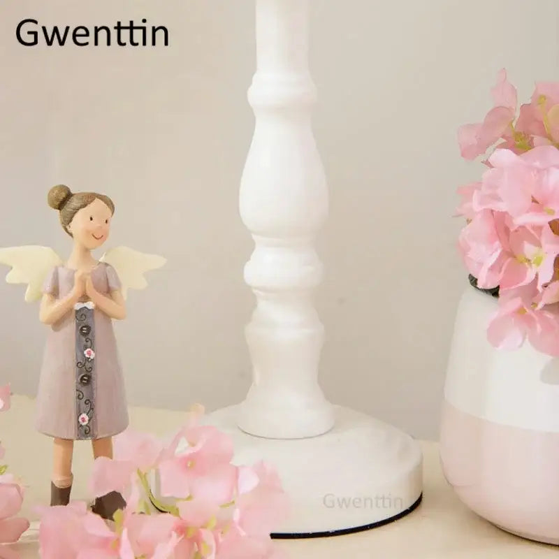 Delicate pink and gray resin angel figurine with white wings in prayer pose for decorbites korean lace princess table lamp decor