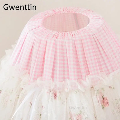 Pink and white gingham fabric table lamp with ruffled edges and layered lace trim from decorbites korean lace princess collection