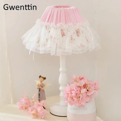Pink and white floral lace ruffled tier table lamp decorbites korean lace princess for bedroom decor