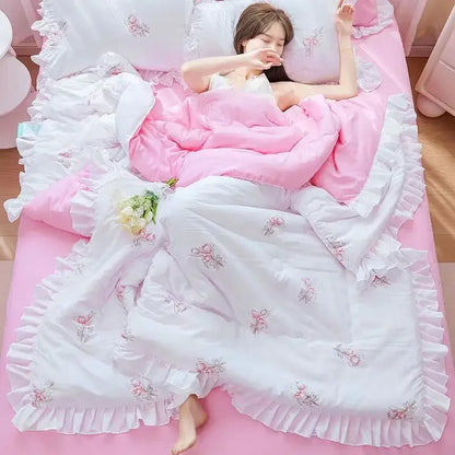 Korean Princess Ruffles Embroidered Quilt Set