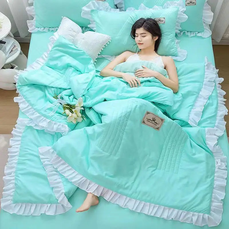 Korean Princess Ruffles Embroidered Quilt Set - Green / 150x200CM-1pc