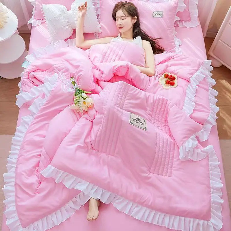 Korean Princess Ruffles Embroidered Quilt Set - Pink / 230x200CM-1pc