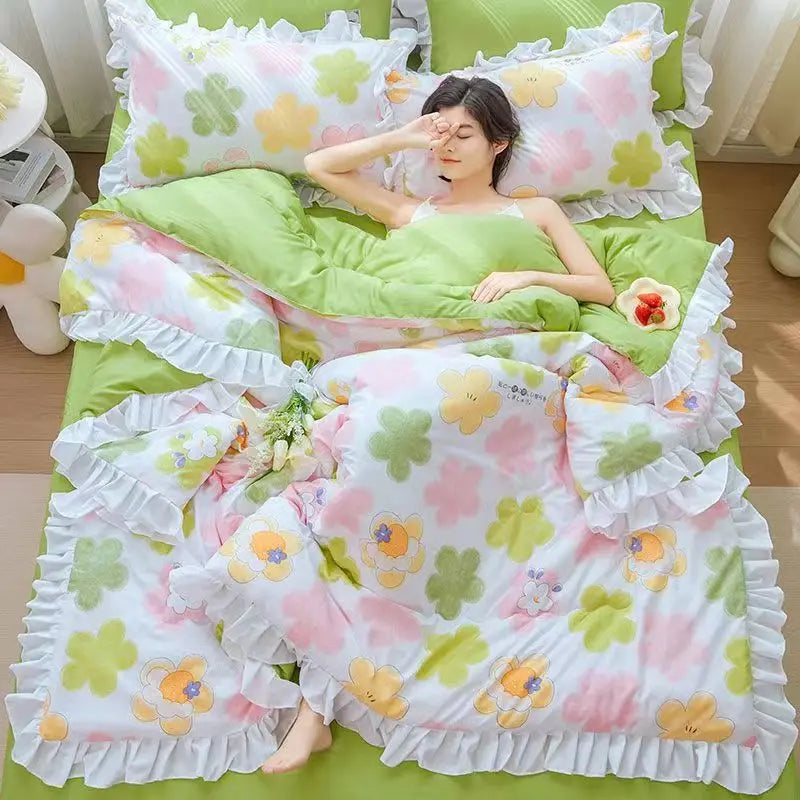 Korean Princess Ruffles Embroidered Quilt Set - xingyunhua / 150x200CM-3pc
