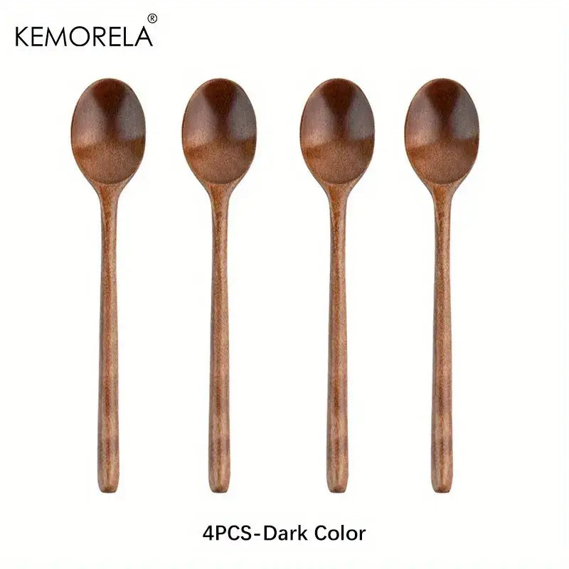 Set of four dark brown natural wooden spoons with polished finish wood grain for dining room wooden spoon set