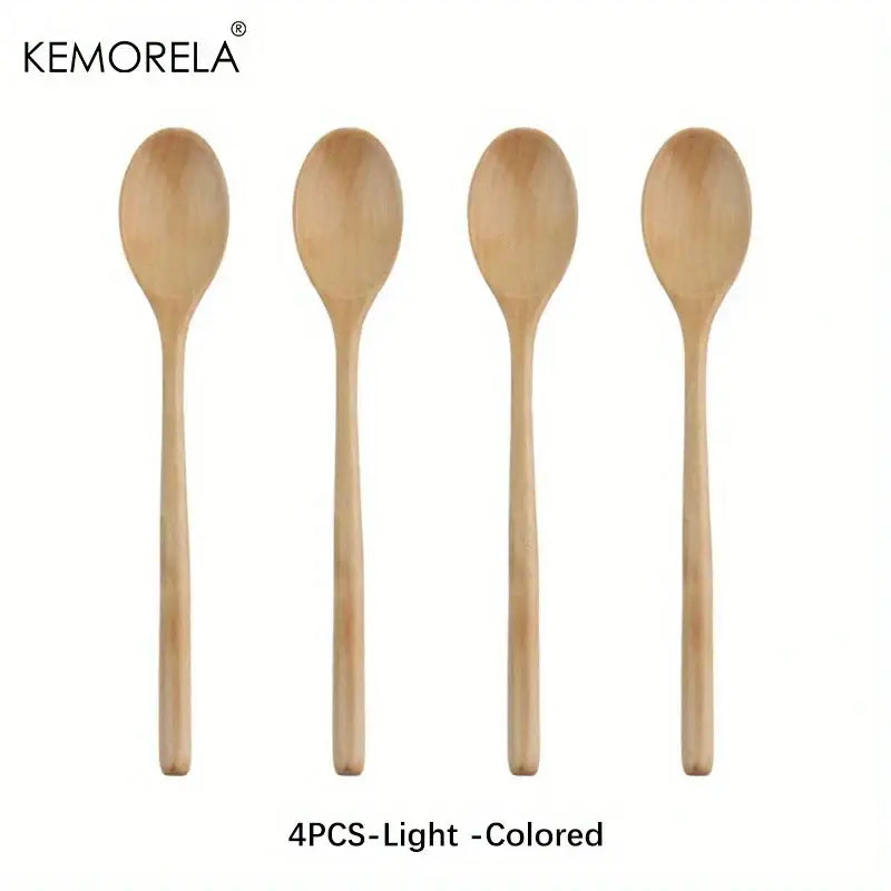 Set of four light-colored natural wooden spoons with smooth handles in korean style wooden spoon set for dining room