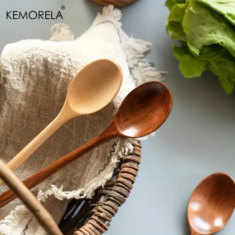 Korean style natural and dark brown wooden spoon set featuring a wooden spoon set for dining room use