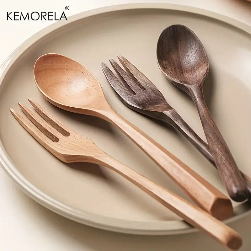 Set of Korean style wooden fork and spoon set with light natural and dark-stained ergonomic handles