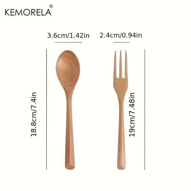 Kemorela Korean style wooden fork and spoon set made of natural light brown wood with smooth rounded contours