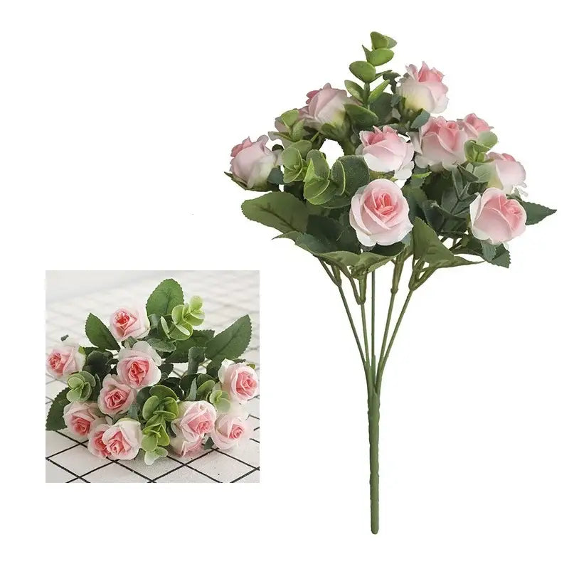 Delicate Korean style pink and white artificial roses bouquet with green leaves for home decor living room display