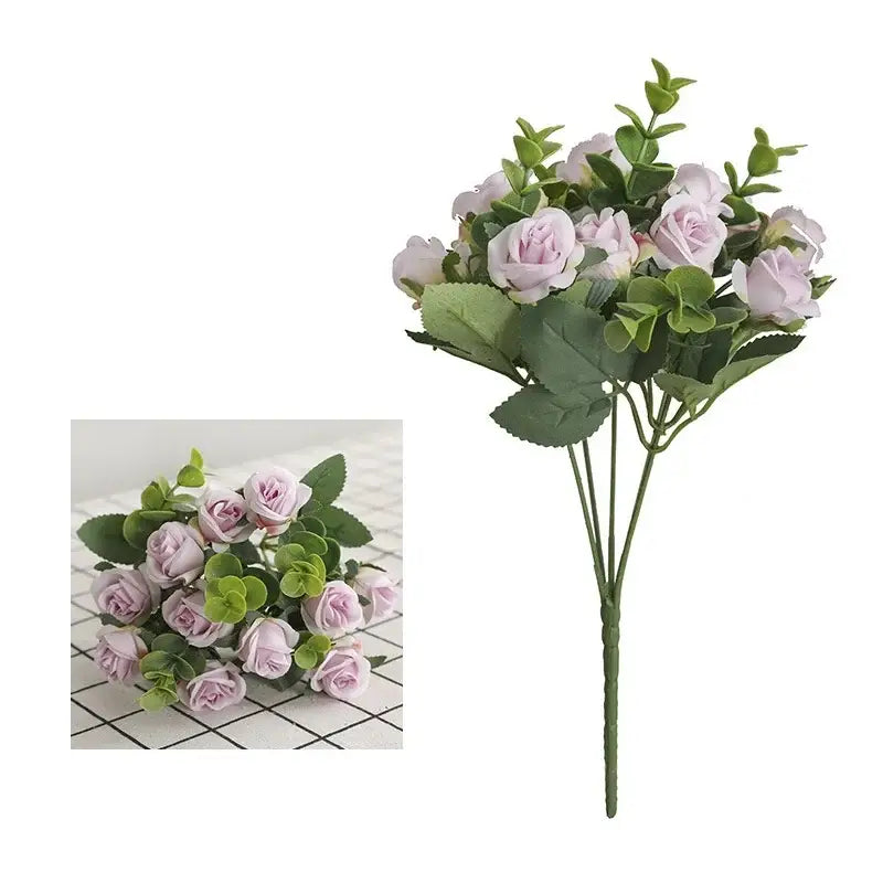 Delicate korean style pink and white artificial roses bouquet with green leaves made of synthetic material for home decor