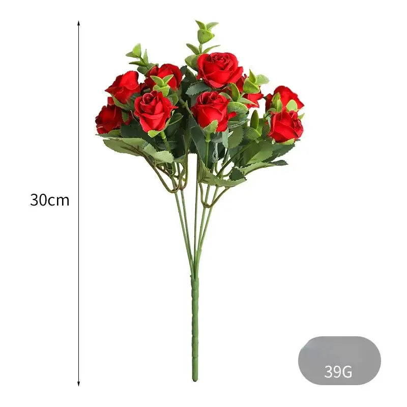 A vibrant red artificial rose bouquet with green leaves 30cm tall ideal for home decor and roses bouquet display