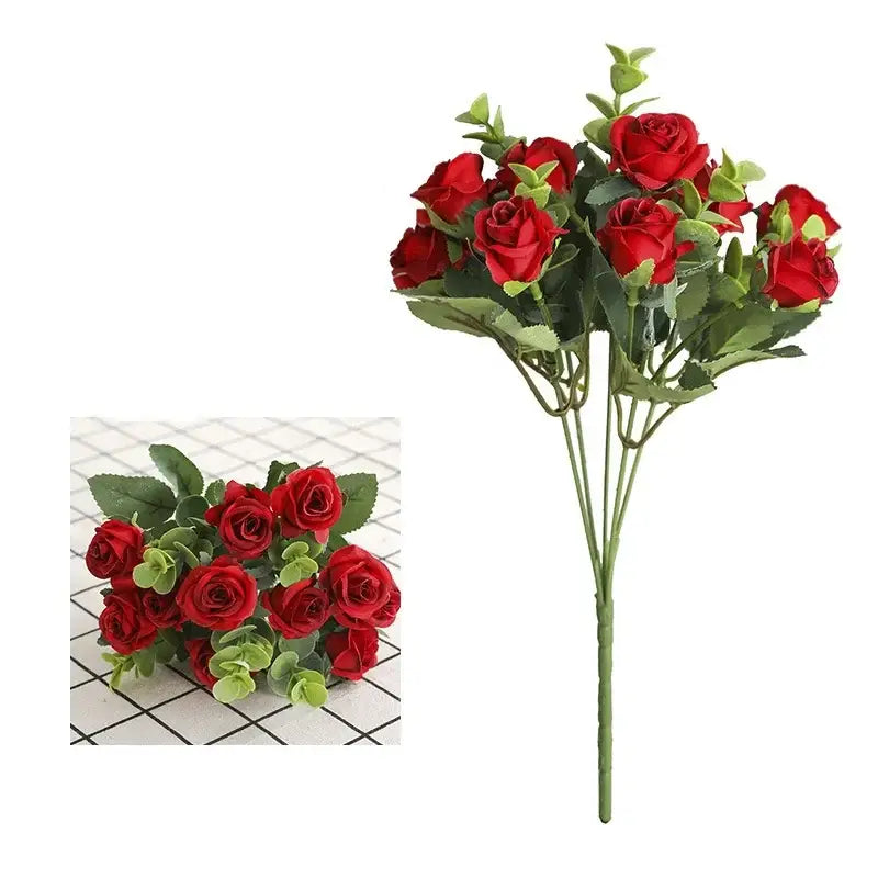 A vibrant red artificial roses bouquet with green leaves designed for home decor and living room display