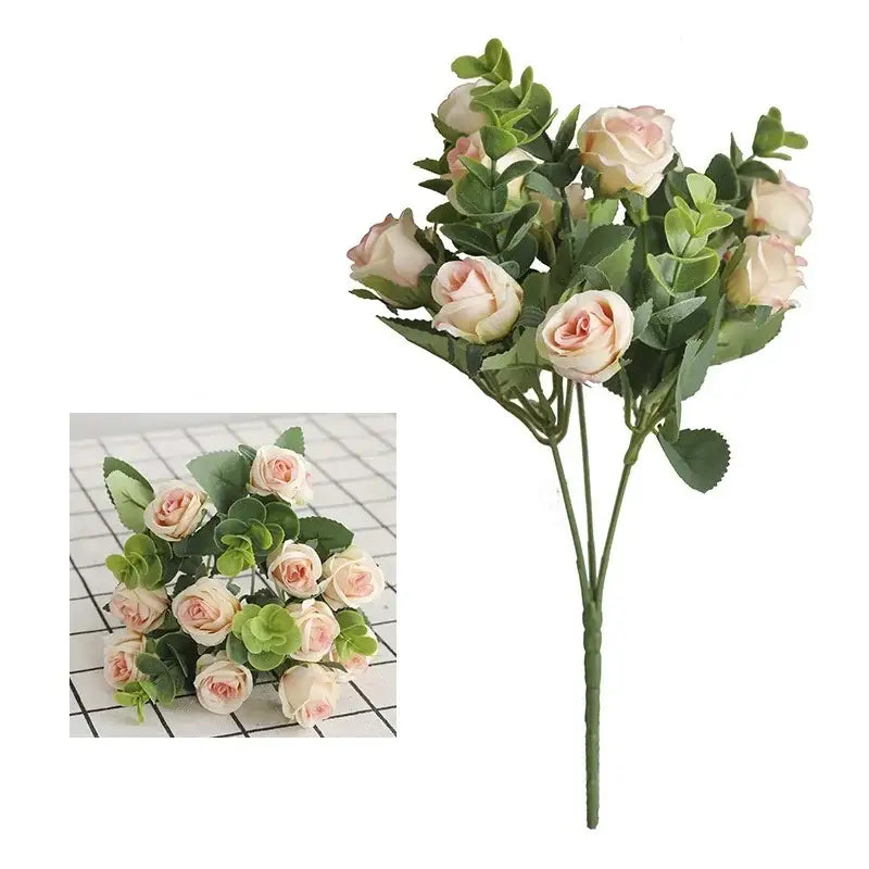 Korean style pink and white artificial roses bouquet with green leaves made of synthetic material for home decor