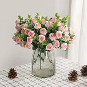 Korean style pink and white artificial roses bouquet in a textured gray glass vase for elegant home decor