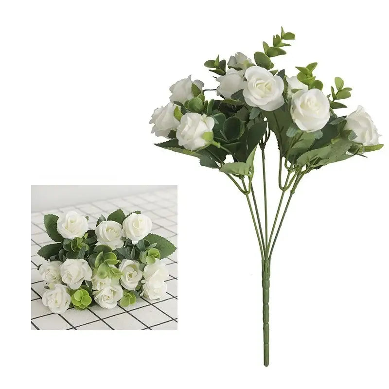 A korean style pink and white artificial roses bouquet with green leaves for elegant home decor and living room display