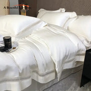 White satin bedding set with delicate lace trim made from decorbites eucalyptus lyocell luxury fabric for elegant decor
