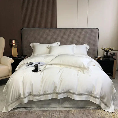 White satin bedding set with delicate silver embroidery hem in decorbites eucalyptus lyocell luxury material