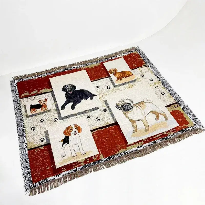 Red and cream patchwork jacquard sofa blanket with fringed edges featuring embroidered dog breeds by decorbites jacquard
