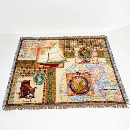 Vintage-style decorbites jacquard sofa blanket with earthy map patchwork design and fringed edges for living room decor