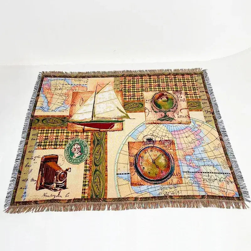 Vintage-style decorbites jacquard sofa blanket with earthy map patchwork design and fringed edges for living room decor