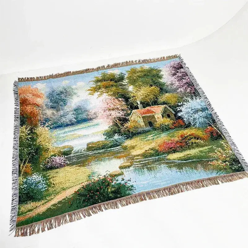 A decorbites jacquard sofa blanket featuring a woven landscape tapestry with fringed edges for living room decor