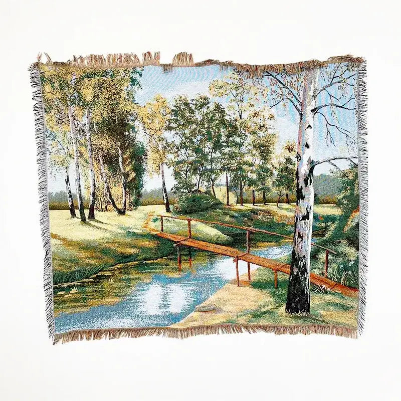 Woven decorbites jacquard sofa blanket with serene birch forest and wooden bridge in soft earthy tones for living room decor