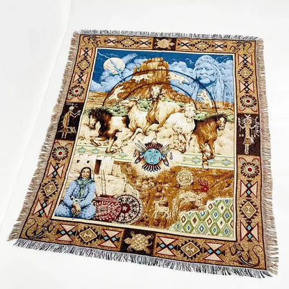 A decorbites jacquard sofa blanket featuring a native american scene in earthy brown blue beige and green tones with fringe