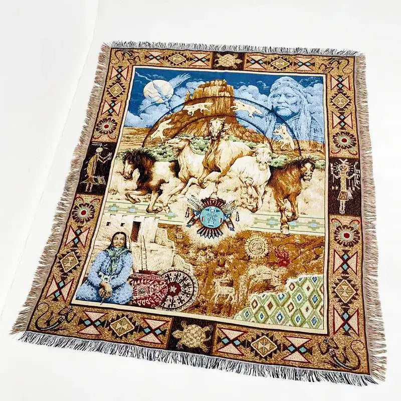 A decorbites jacquard sofa blanket featuring a native american scene in earthy brown blue beige and green tones with fringe