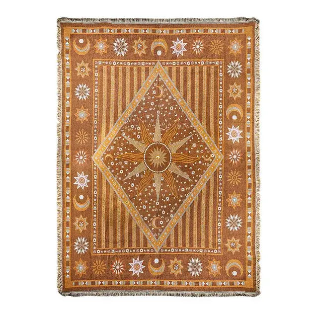 A decorbites jacquard sofa blanket with celestial gold and white stars moons suns on earthy brown woven throw for living room decor