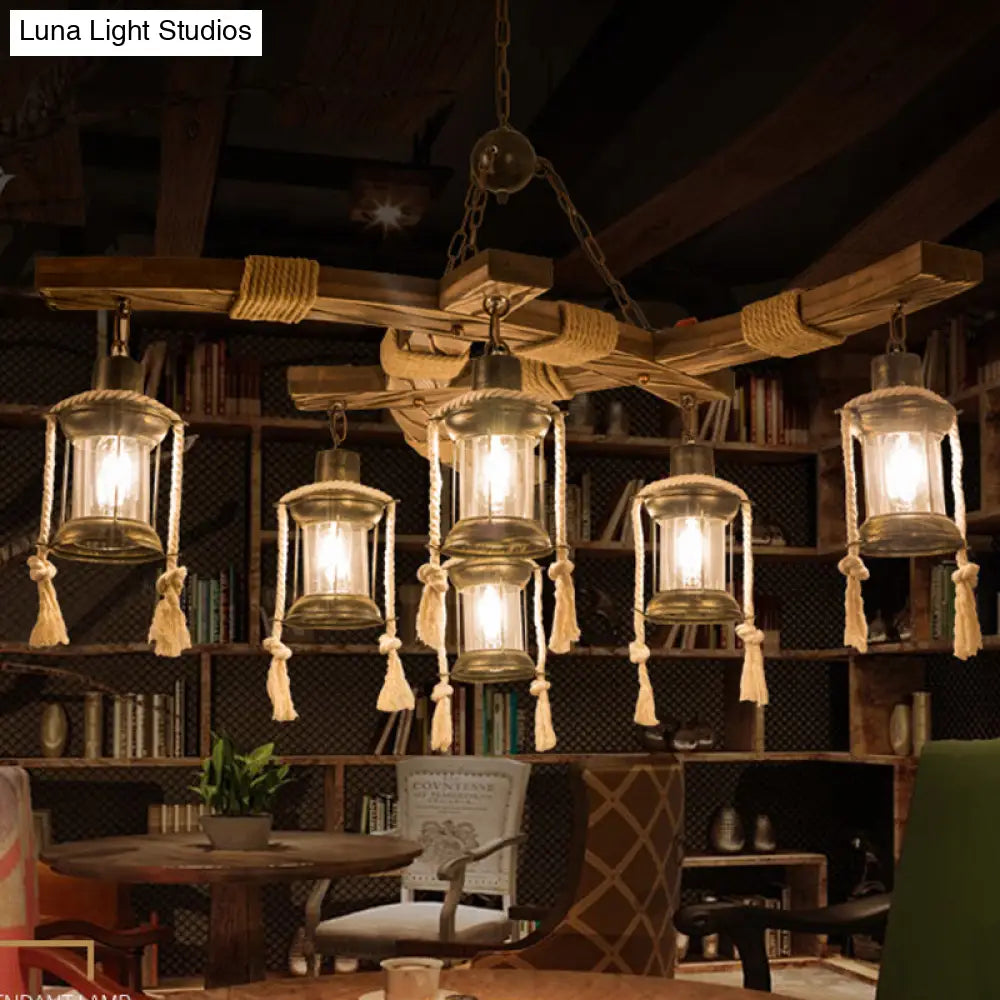 ديكوربايتس™ فانوس إضاءة جزيرة المطعم - مصباح معلق من الزجاج الشفاف والخشب مع 6 مصابيح