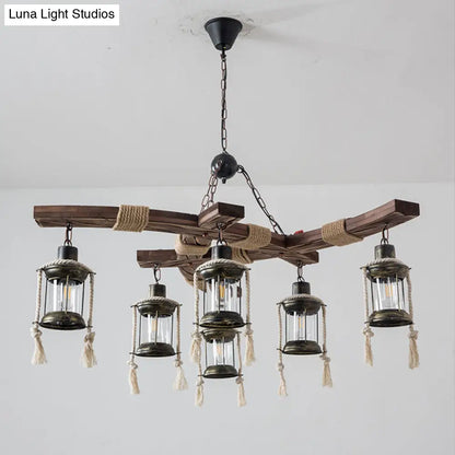 ديكوربايتس™ فانوس إضاءة جزيرة المطعم - مصباح معلق من الزجاج الشفاف والخشب مع 6 مصابيح