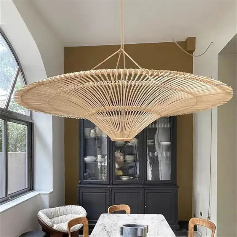 Large beige fan woven rattan pendant light by decorbites handmade rattan for dining room decor and lighting