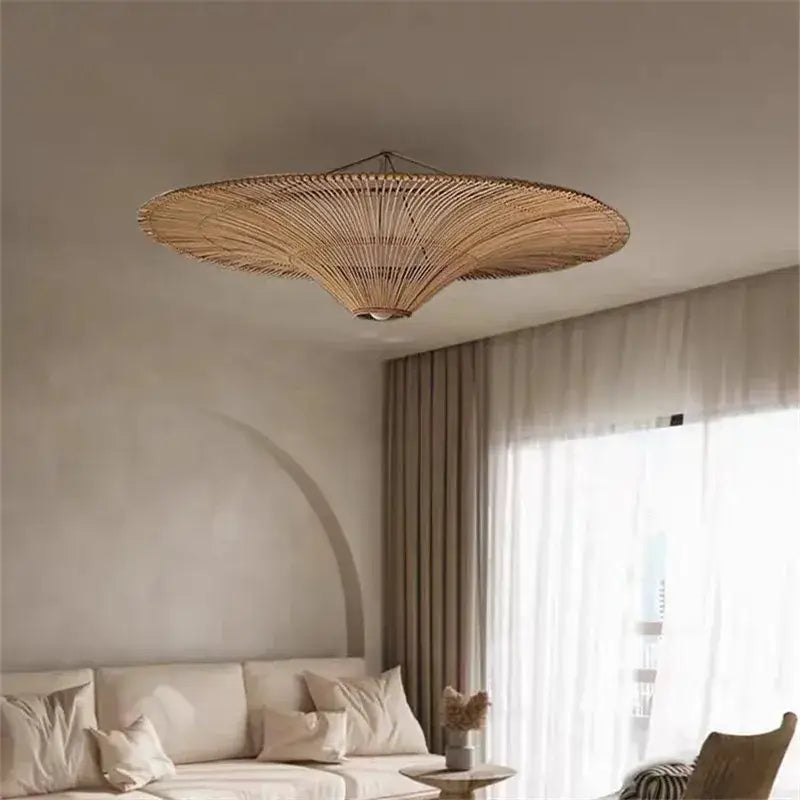 Large beige fan woven rattan pendant light by decorbites handmade for dining room decor and elegant lighting
