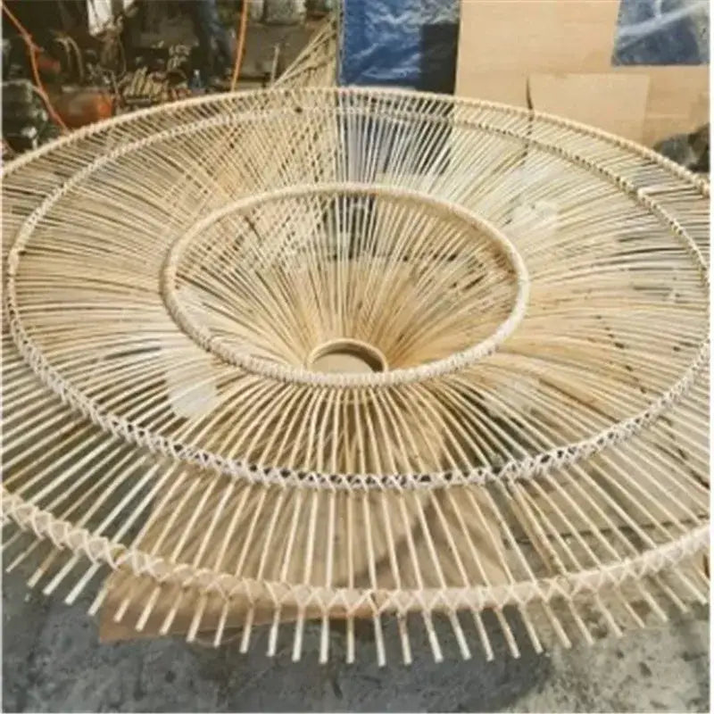 Large beige fan woven rattan pendant light with natural bamboo circular lampshade by decorbites handmade rattan