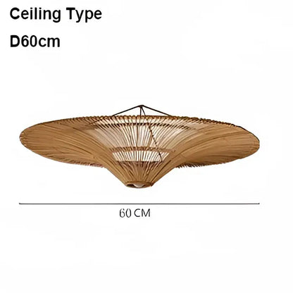 Large beige pendant light with natural bamboo ceiling fan and wide canopy design by decorbites handmade rattan