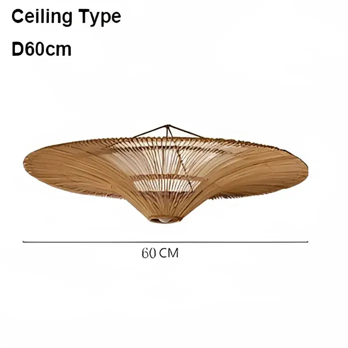 Large beige pendant light with natural bamboo ceiling fan and wide canopy design by decorbites handmade rattan