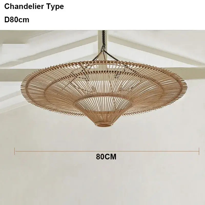 Large beige fan woven rattan pendant light with natural-toned bamboo tiered design by decorbites handmade rattan